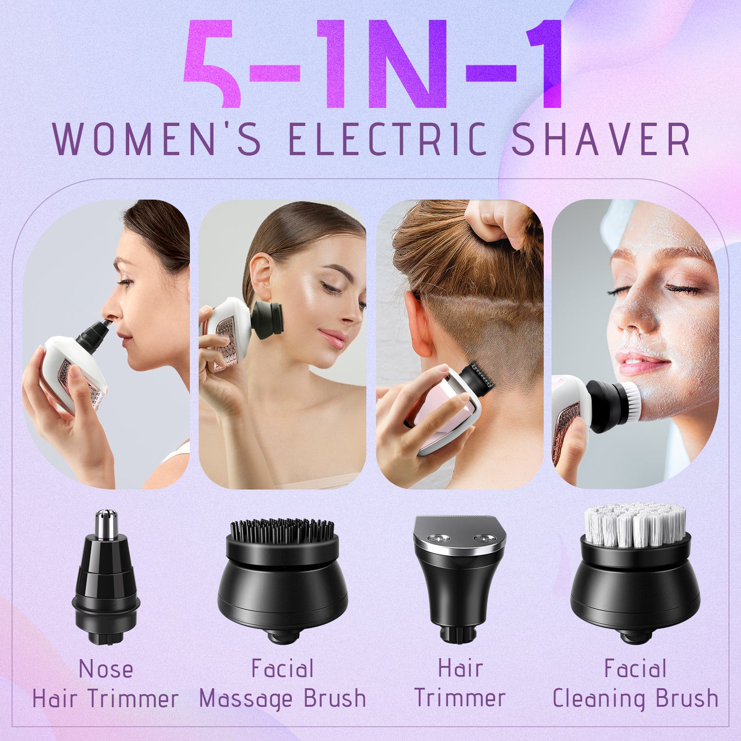 Electric Razors for Women, 5 in 1 Cordless Electric Painless Leg Shaver for Women, Hair Remover for Legs Bikini Face Lips Hairs Sensitive Skin, Waterproof Wet/Dry Female Bikini Trimmer