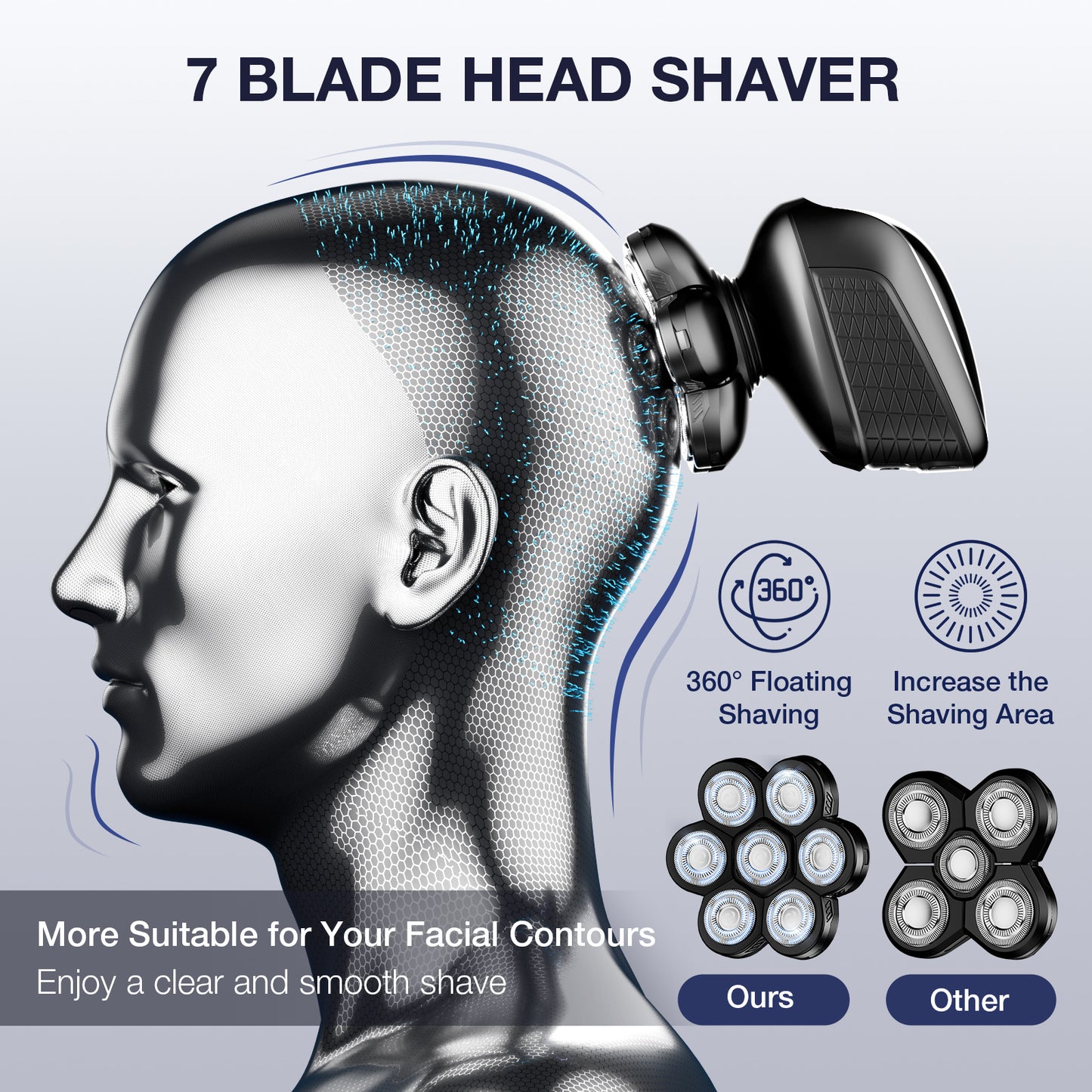 Head Shaver 7D, Wyklaus Upgrade Head Shavers for Bald Men, Head Electric Razor with Nose Hair Trimmer, Waterproof Wet/Dry Mens Grooming Kit, Anti-Pinch, LED Display, USB Rechargeable£¨Black