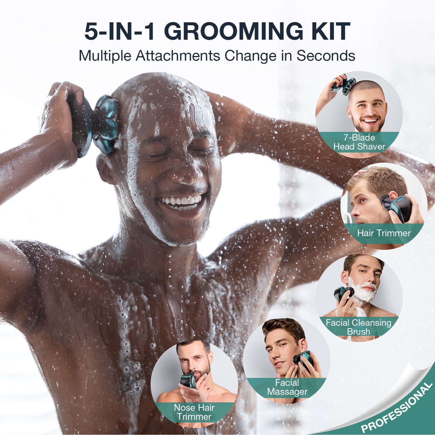 Head Shaver 7D, Wyklaus Upgrade Head Shavers for Bald Men, Head Electric Razor with Nose Hair Trimmer, Waterproof Wet/Dry Mens Grooming Kit, Anti-Pinch, LED Display, USB Rechargeable（Green）