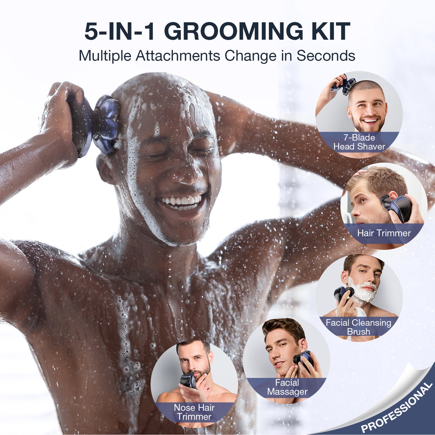 Head Shaver 7D, Wyklaus Upgrade Head Shavers for Bald Men, Head Electric Razor with Nose Hair Trimmer, IPX6 Waterproof Wet/Dry Mens Grooming Kit, Anti-Pinch, LED Display, USB Rechargeable