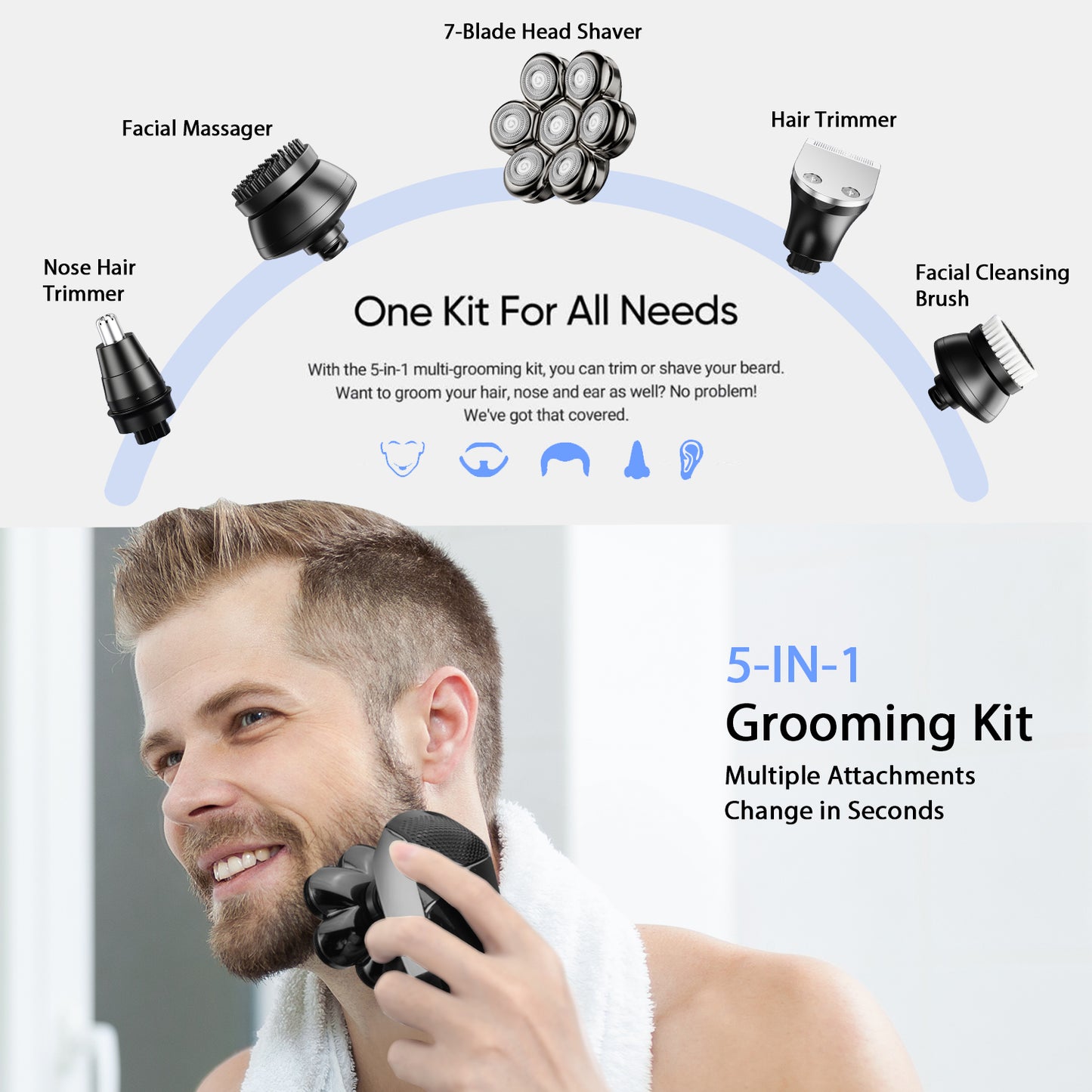 Head Shavers for Bald Men, Wyklaus Detachable Head Shavers 5-in-1 Electric Razor IPX7 Waterproof Dry Wet Shaving for Men,7D Rotary Shaver Grooming Kit with LED Display, USB Rechargeable